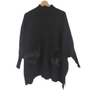RUDSAK Sweater Swoon Poncho Tunic Rabbit Fur Trim Black Knit Oversized Size XS